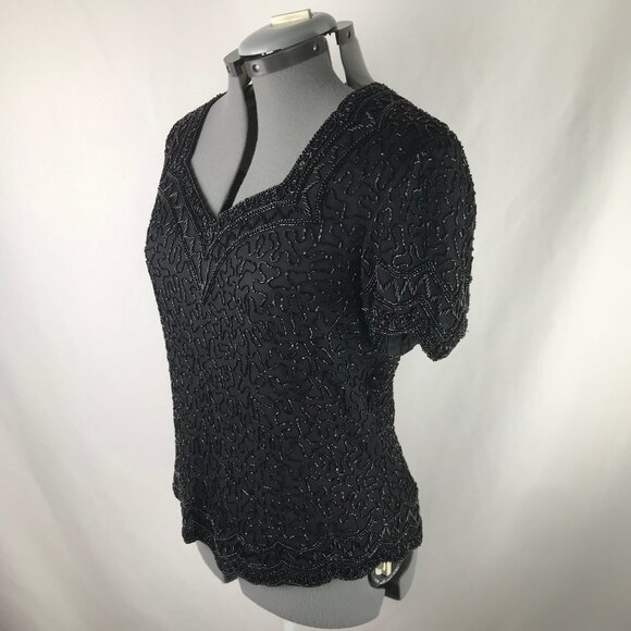 Vintage 80’s “Cote d’ Azur evening” black sparkly sequins beaded top, size M - Picture 8 of 10